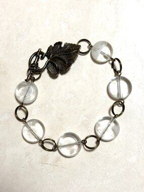 2/20, Natural Clear Quartz Bracelet, Genuine Gemstone + Bronze Grape Leaf Toggle
